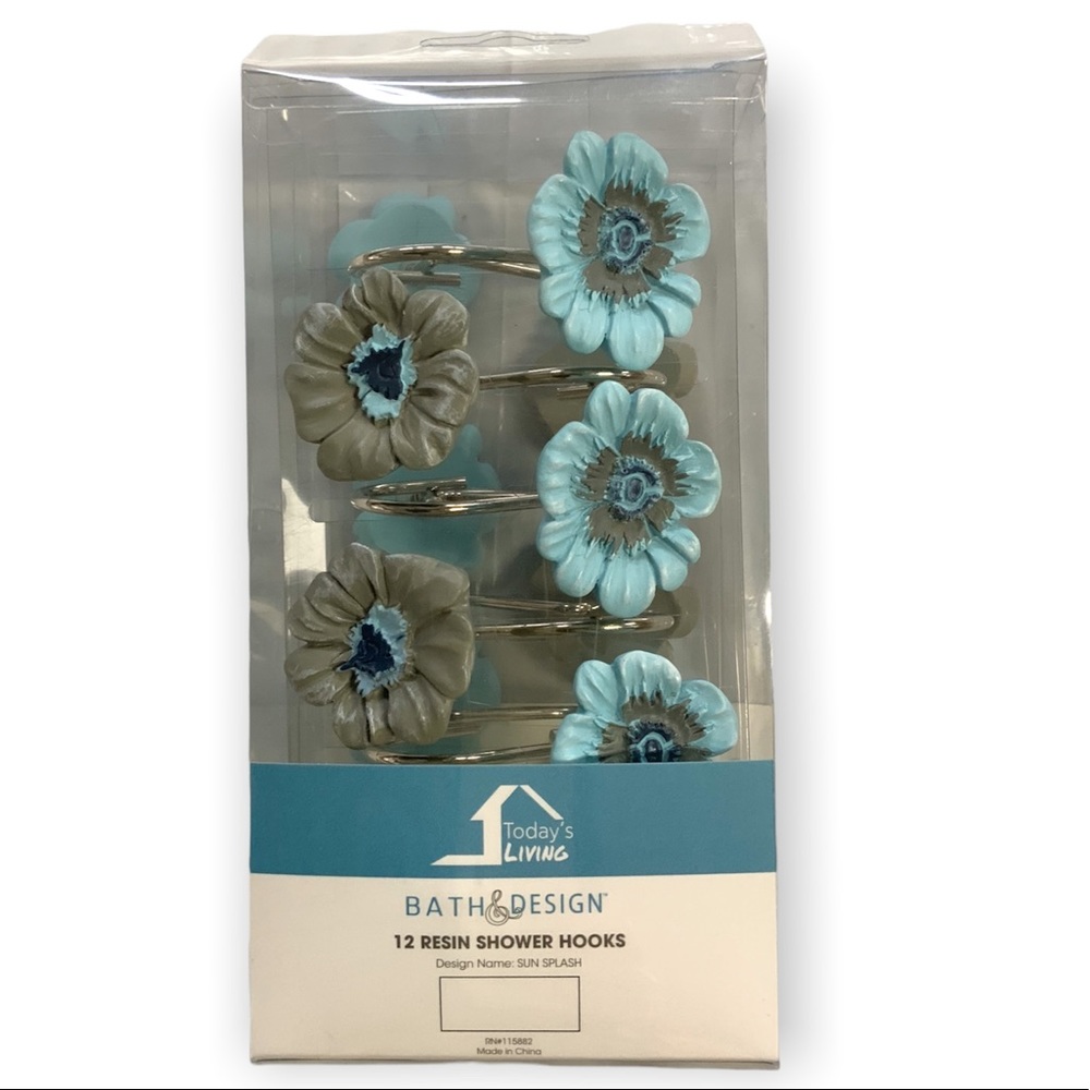 Flower Shower Hooks Resin Sun Splash Collection Blue Clay-Grey Set of 12 Hooks - Picture 2 of 9